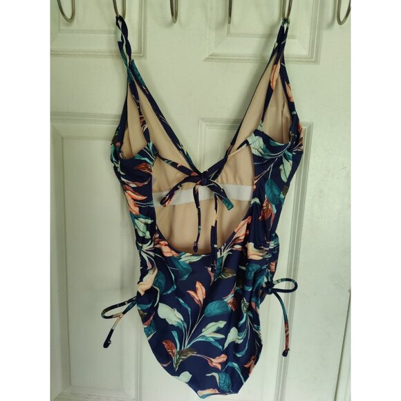 Mynah Navy Blue Floral V-Neck Side-Ties Medium Coverage One-Piece Swimsuit M NWT - Picture 8 of 8